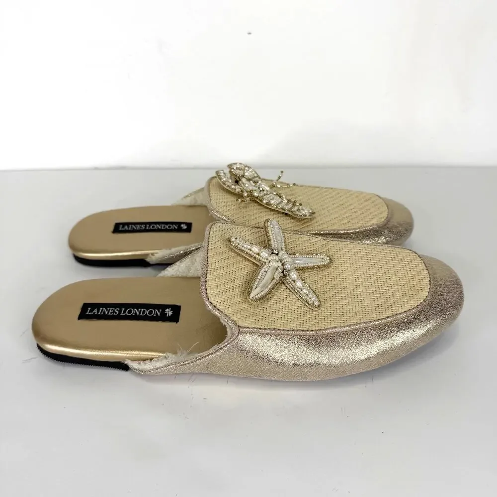 Laines London Mule Shoes Pearl Starfish & Lobster Brooches Cream Gold Size L 8/9